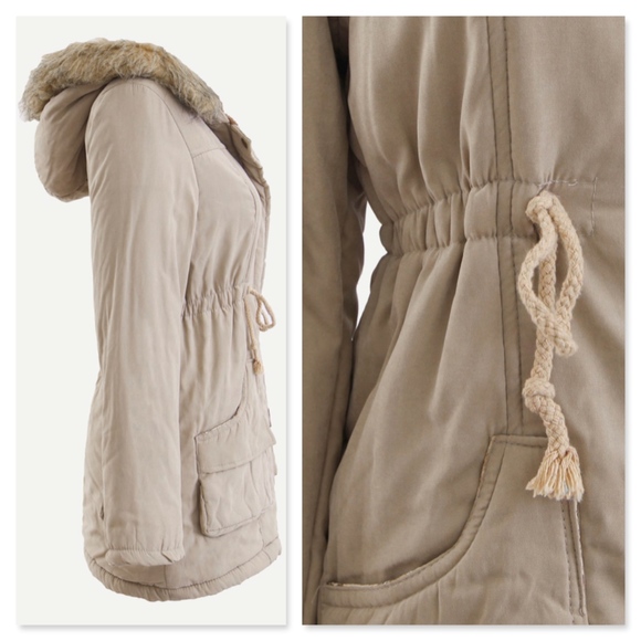 Hooded Faux Fur Drawstring Taupe Parka Jacket - Picture 3 of 11
